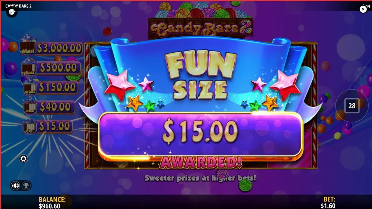 Tampilan visual slot Candy Bars 2 dengan simbol permen berwarna-warni dan latar belakang pabrik cokelat.